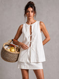 White Linen-Blend Sleeveless Layered Mini Dress