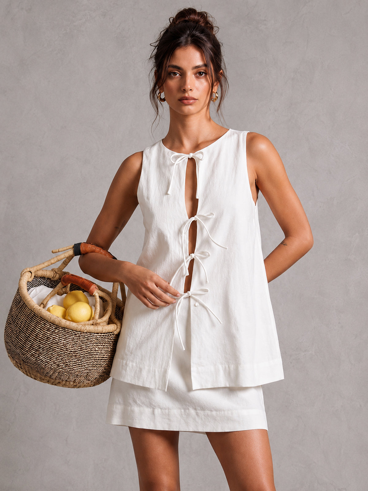White Linen-Blend Sleeveless Layered Mini Dress