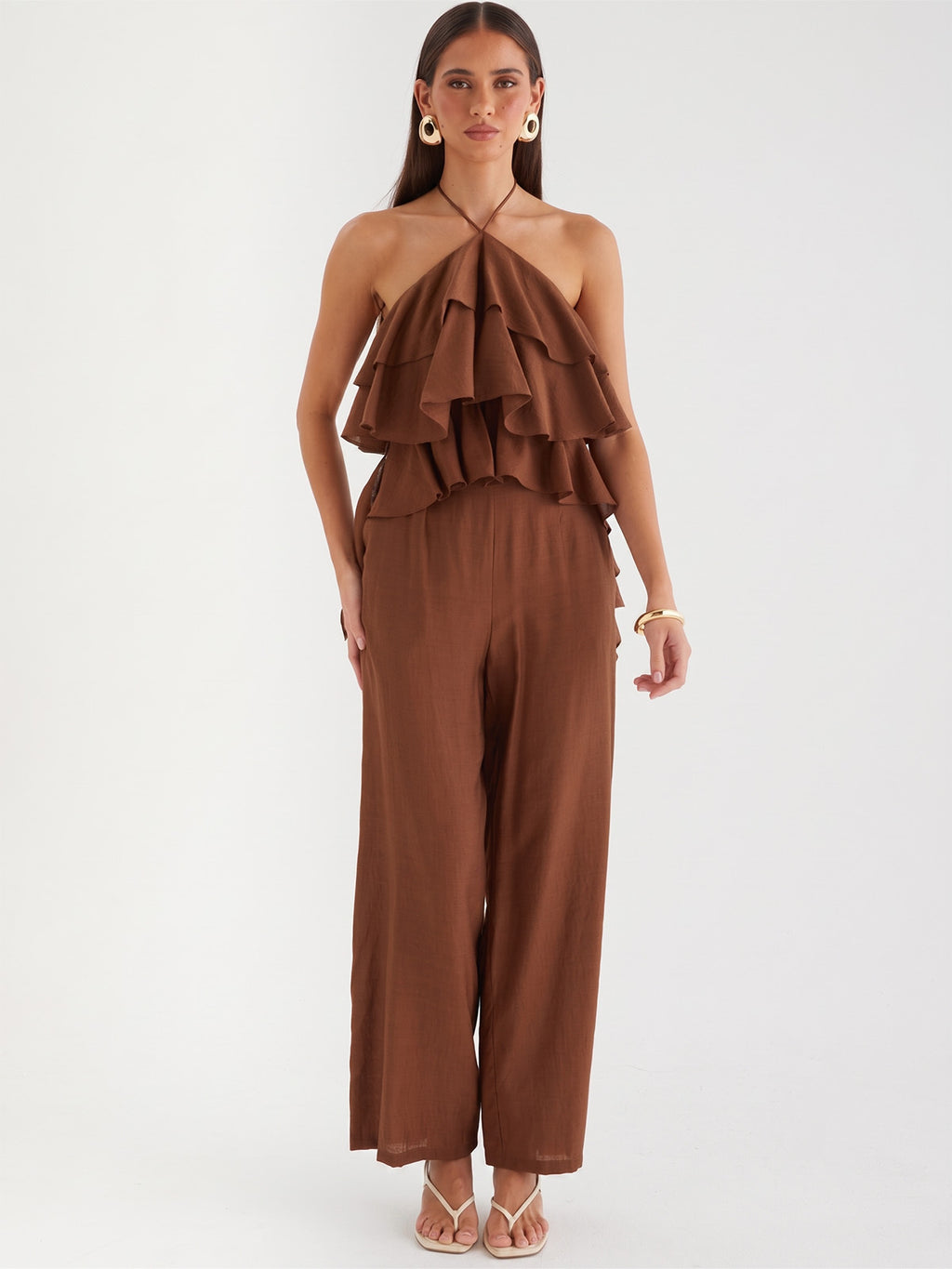 Linen Halter Ruffle Top Wide Leg Set