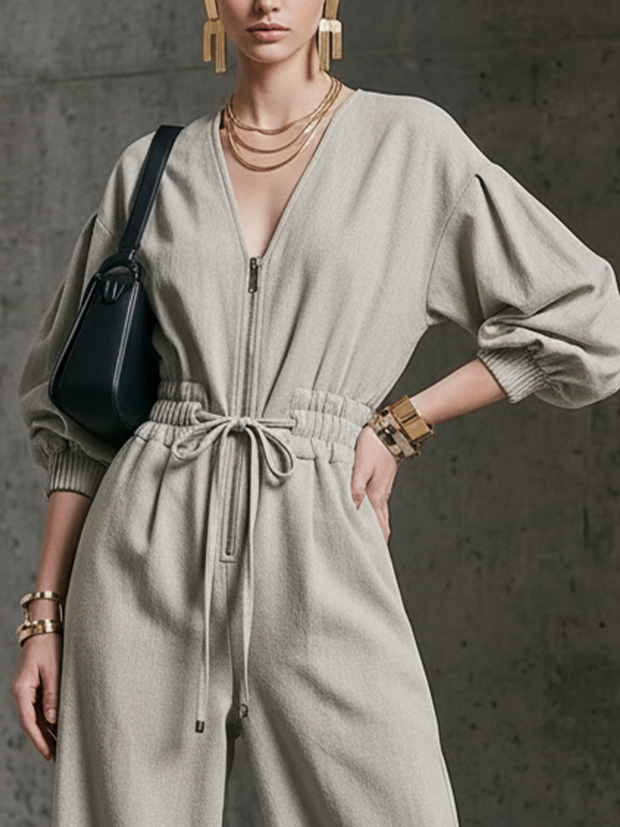 Cotton Blend Wide Leg Jumpsuit with Deep V-Neck and Drawstring Waist