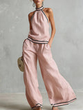 Contrast Trim Sleeveless Vest & Wide-Leg Pants Set
