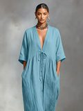 Linen Maxi Dress for Women with Deep V-Neck and Tie Waist, Loose Flowy Long Summer Dress with Pockets