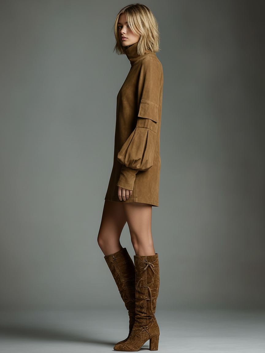 Suede Turtleneck Mini Dress with Puff Sleeves and Side Pockets