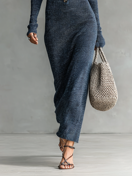 Ribbed Knit Hooded Long Sleeve Midi Dress with Button Front and Pockets