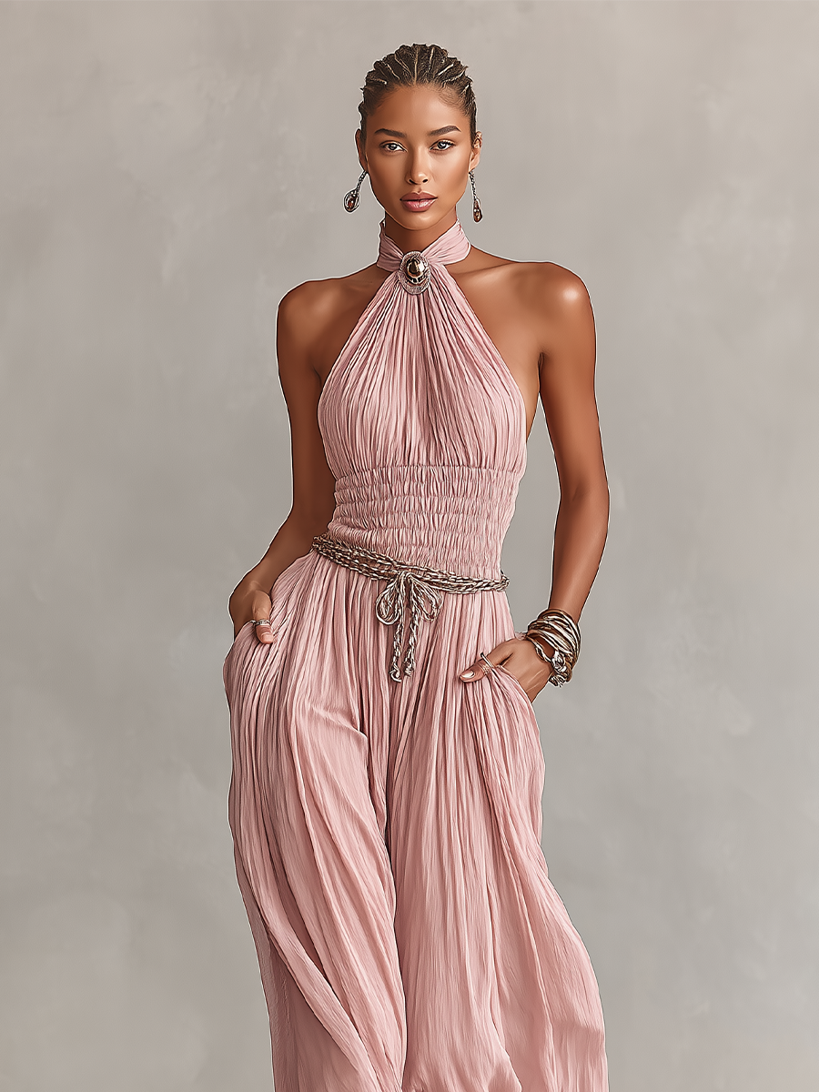 Chiffon Halter Maxi Jumpsuit with Pleated Design and Chain Belt for Women
