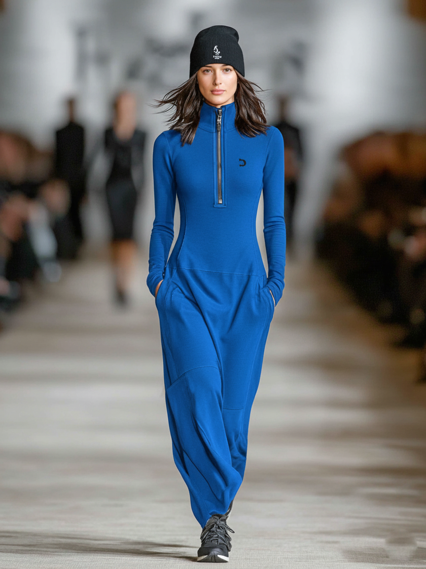 Organic Cotton Stretch Jumpsuit with Half-Zip Neckline and Wide Leg Design