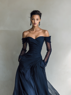 Chiffon-Off-Shoulder-Abendkleid, lang, mit transparenten Ärmeln und gerafftem Oberteil