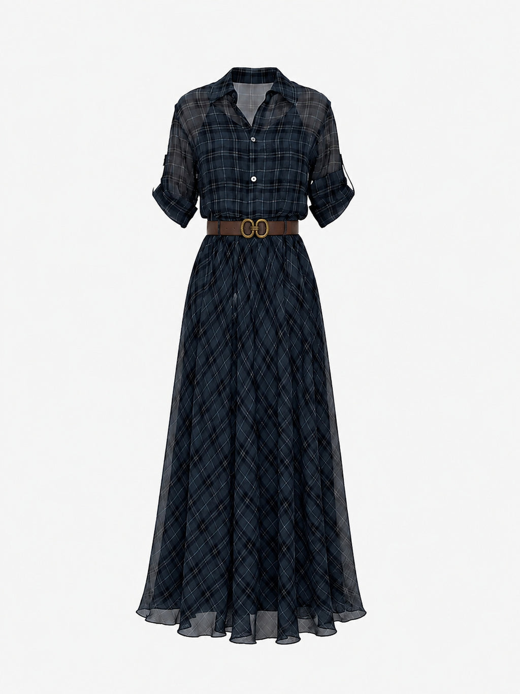 Lined Belted Plaid Shirt Maxi Dress(Two Piece)