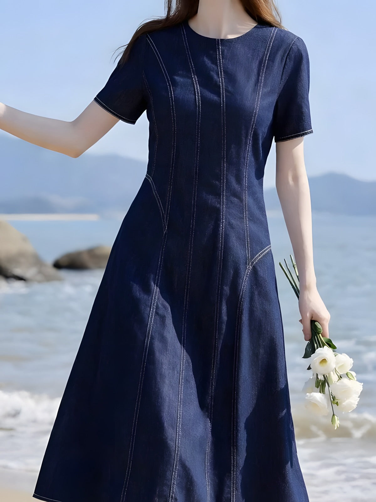 Contrast-Stitch A-Line Dress