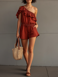Linen One Shoulder Ruffle Romper for Women Summer Casual Boho Style Short Jumpsuit with Elastic Waist and Pockets