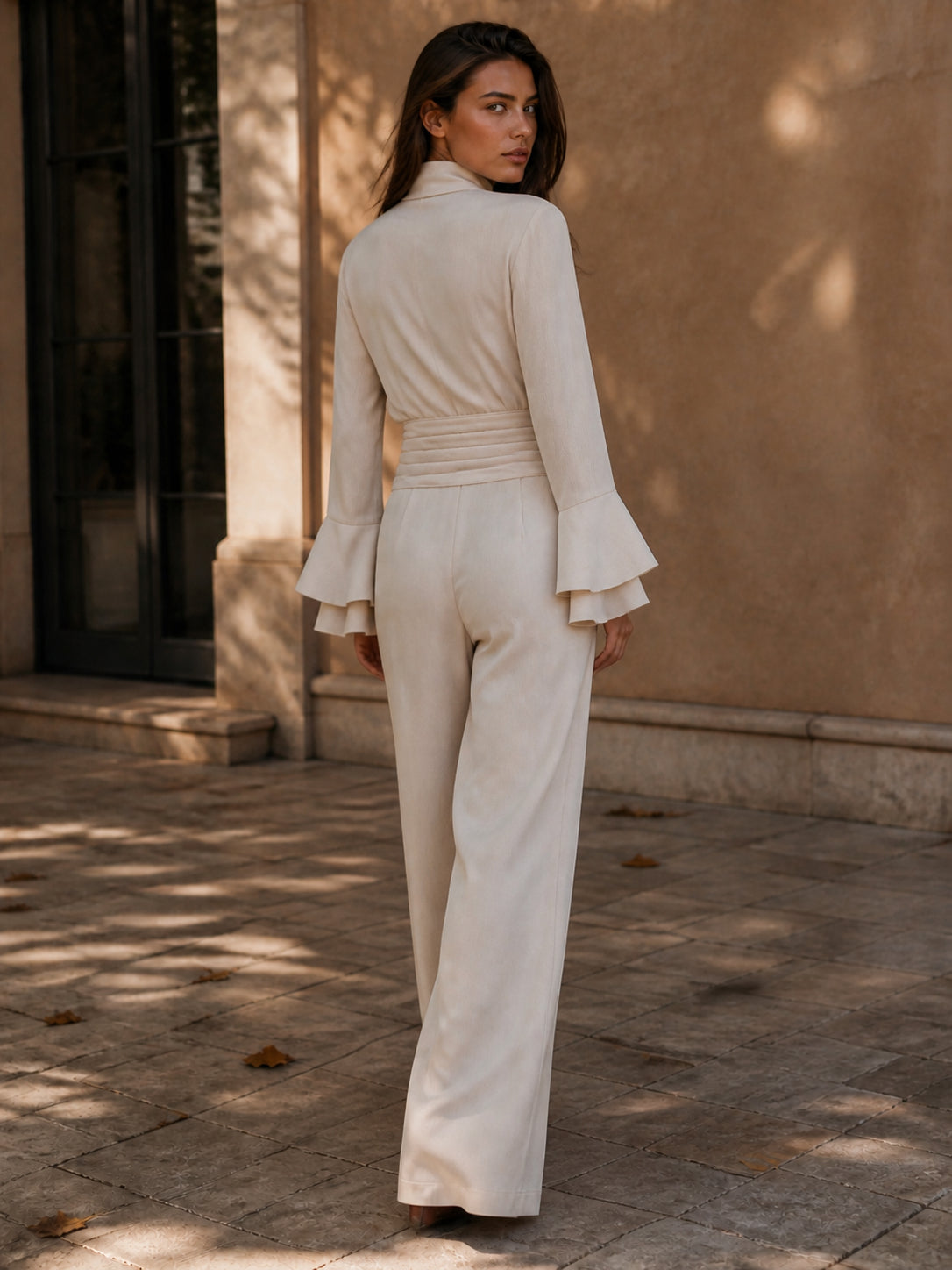 Flared Sleeve High-Waist Belted Wide-Leg Jumpsuit