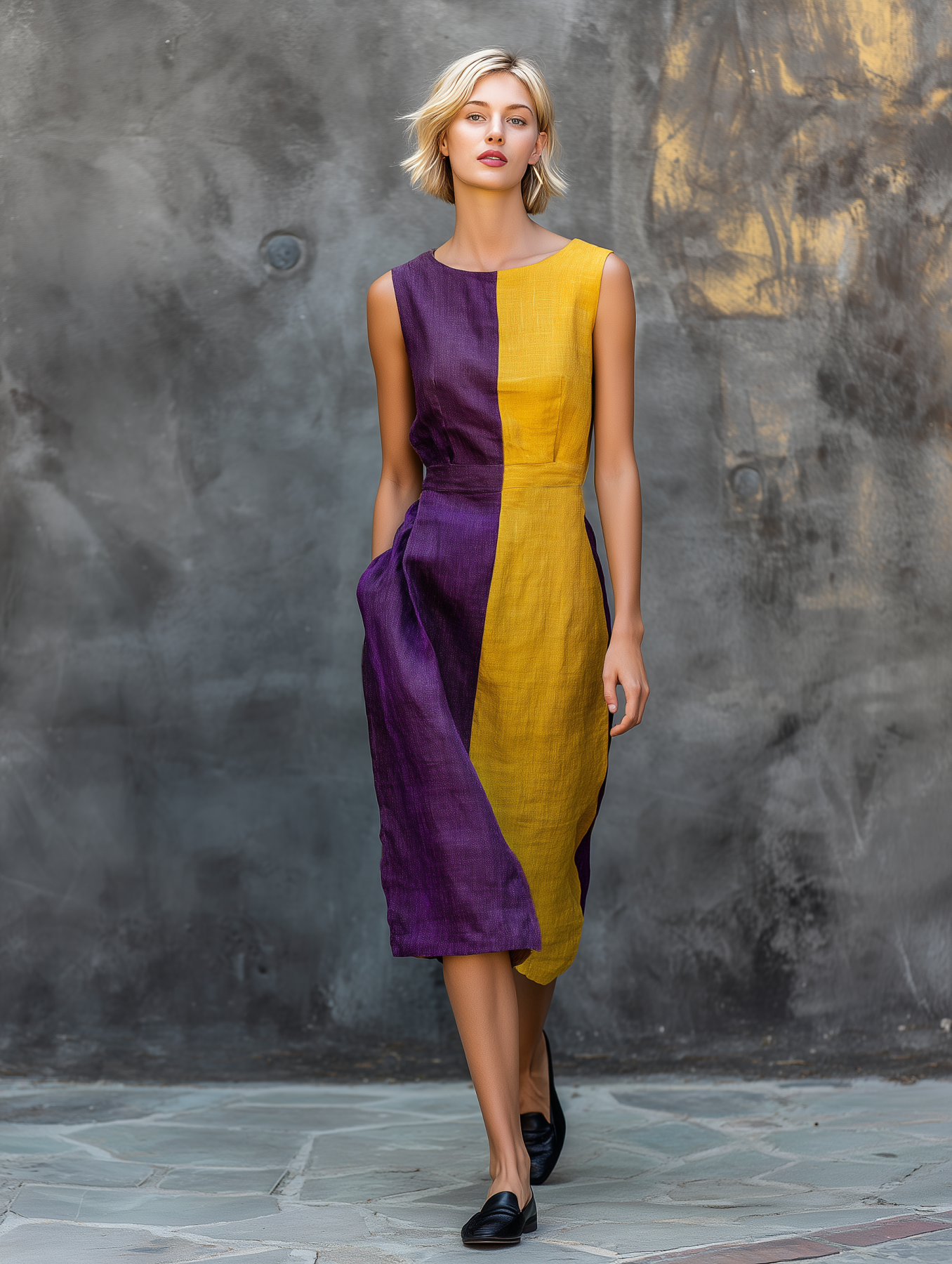 Linen Color-Block Sleeveless Midi Dress with Asymmetric Hem and Side Pockets