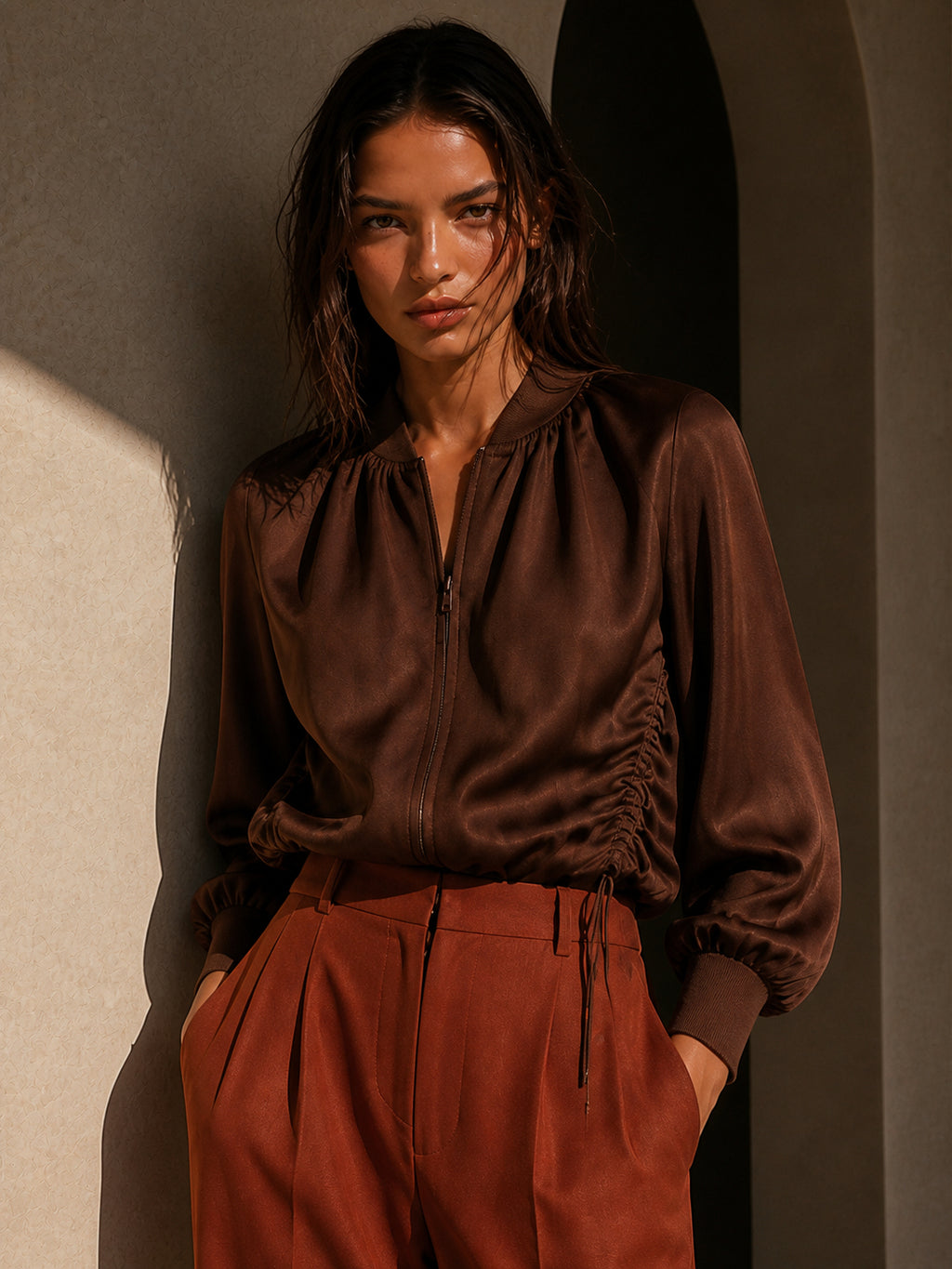 Ruched Zip-Front Wide-Leg Set