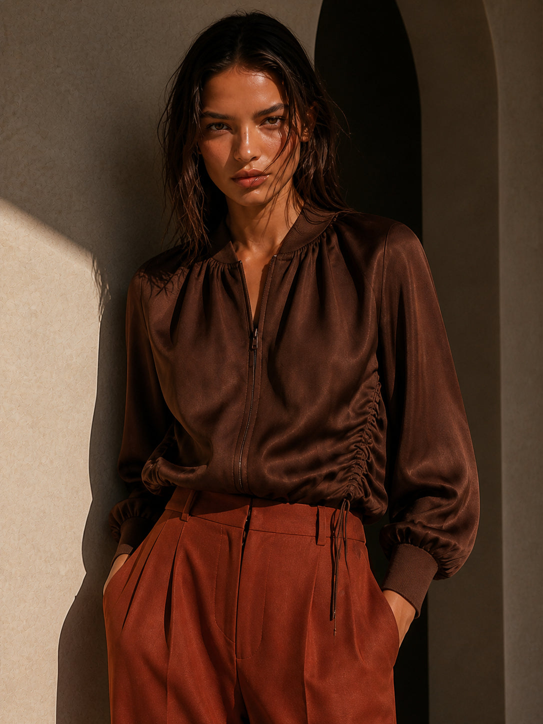 Ruched Zip-Front Wide-Leg Set