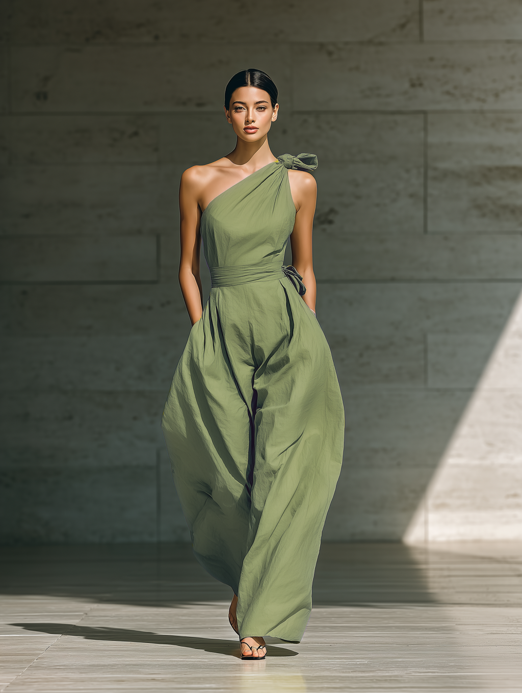 Organic Cotton One-Shoulder Flowy Maxi Dress with Tie Detail for Women