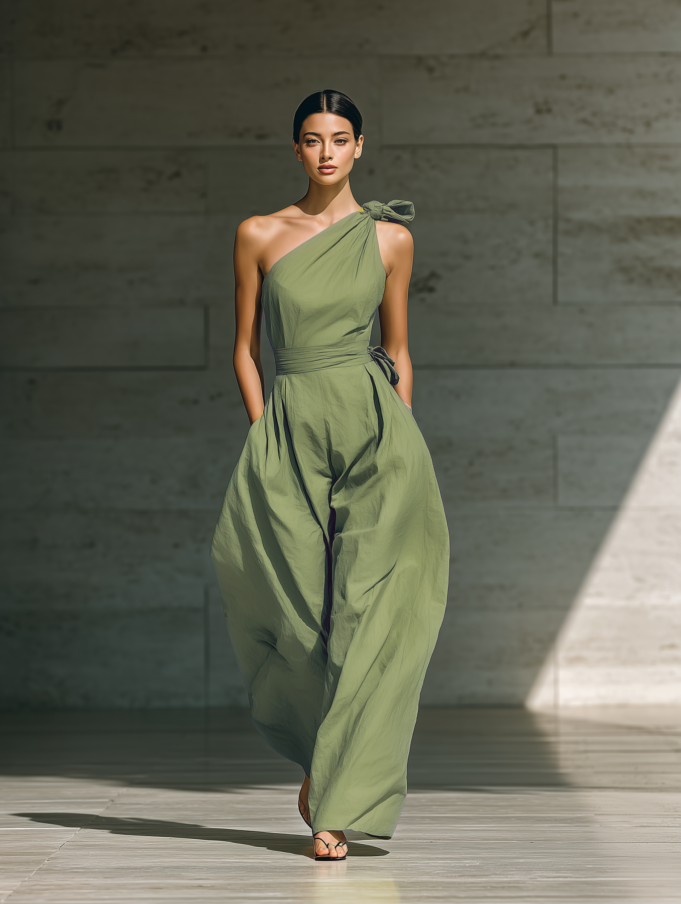 Organic Cotton One-Shoulder Flowy Maxi Dress with Tie Detail for Women