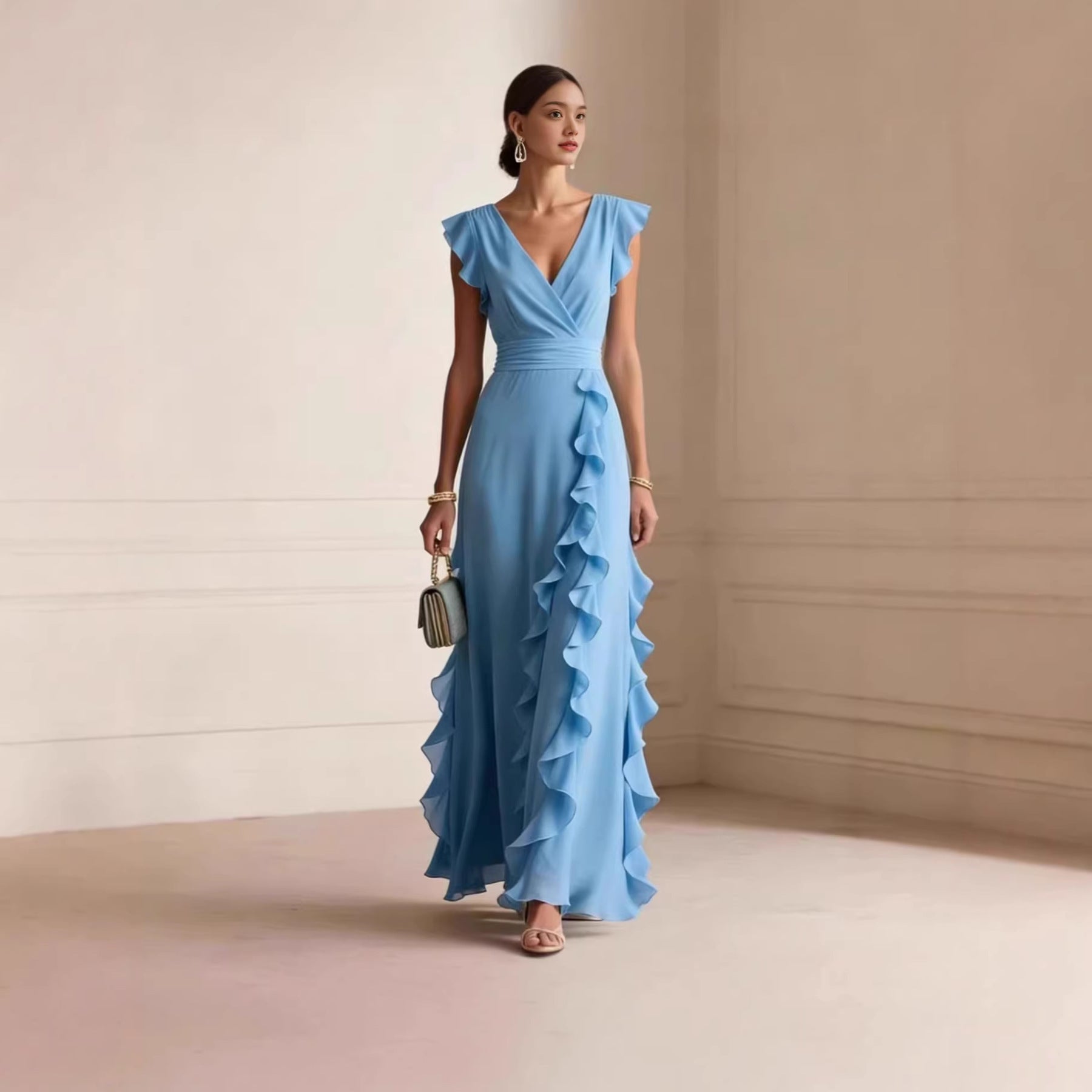 Silk V-Neck Ruffle Wrap Maxi Dress