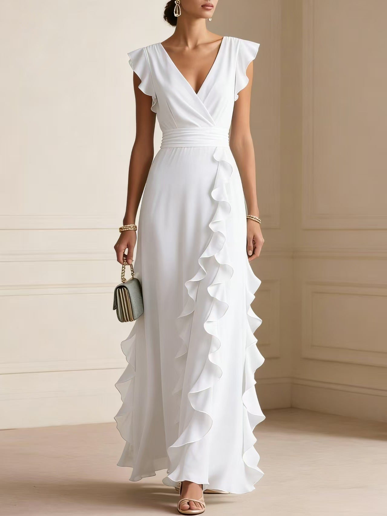 Silk V-Neck Ruffle Wrap Maxi Dress