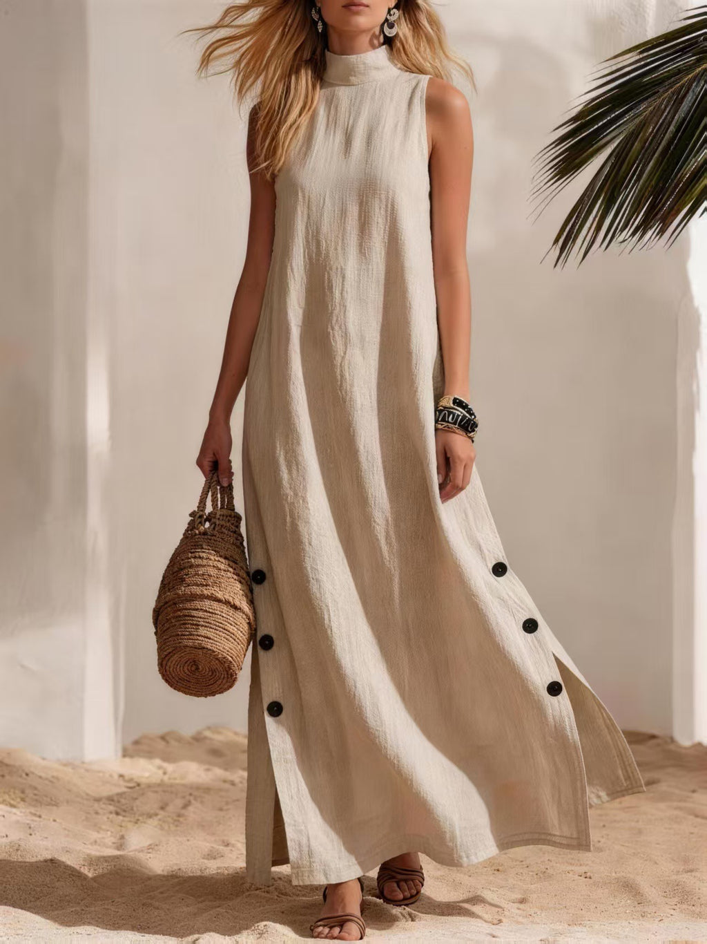 Minimalist Button Detail Sleeveless Linen Blend Maxi Dress