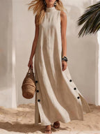 Vestido largo minimalista sin mangas de lino con detalle de botones