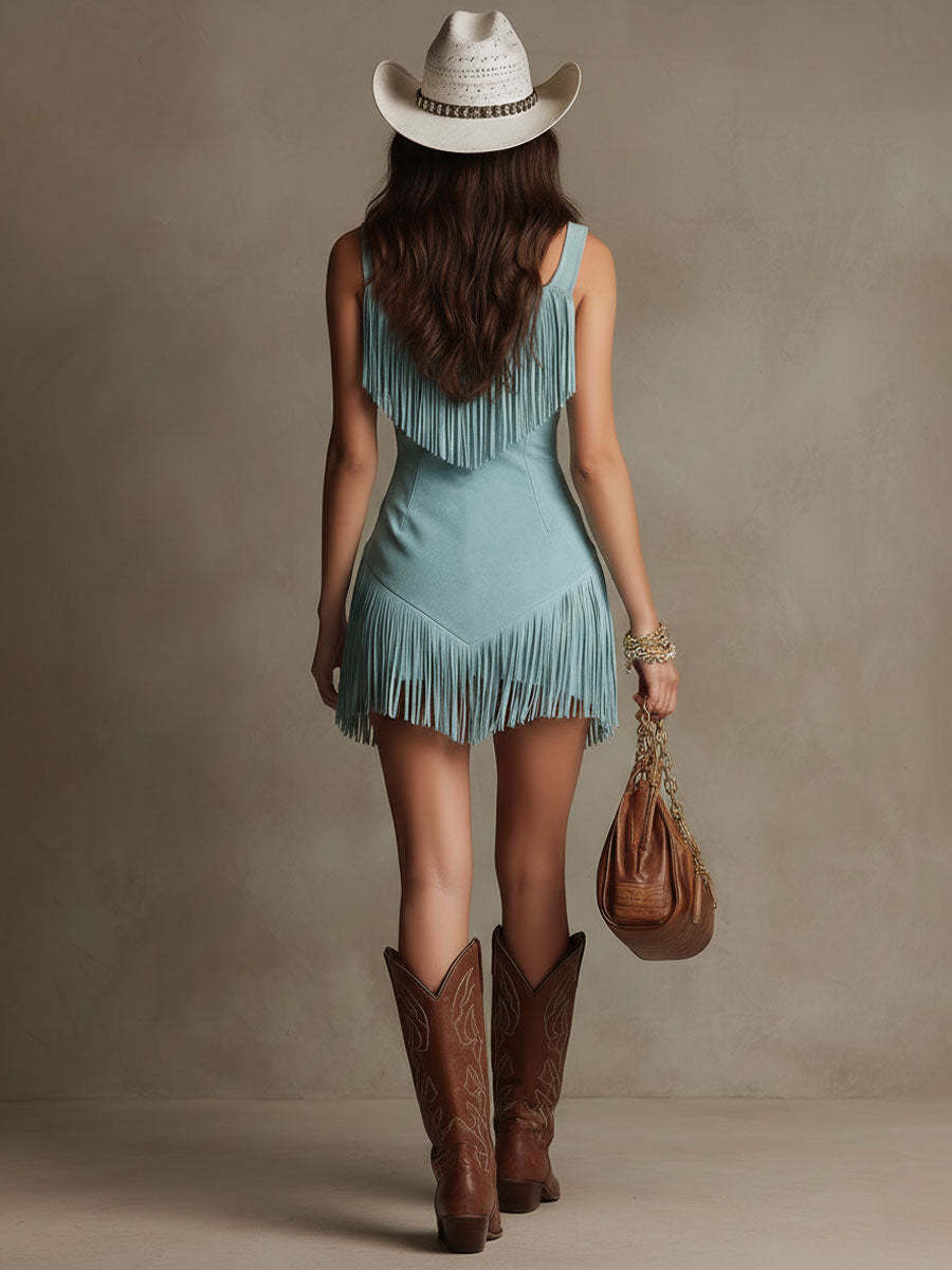 Suede Fringe Mini Dress with Front Zipper and Deep V-Neckline for Women
