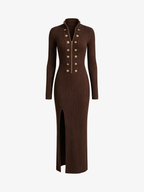 Elegant Button-Trim Split Knit Midi Dress