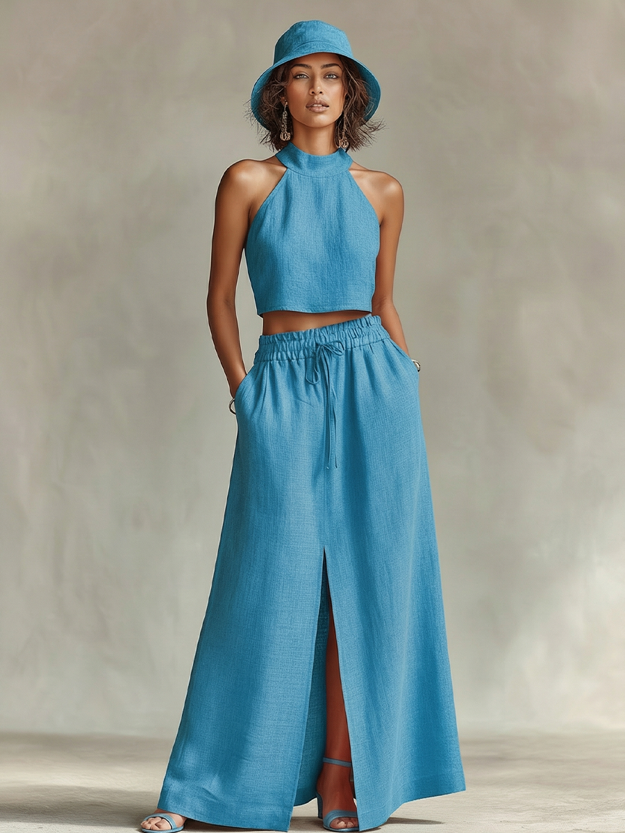 Linen Two-Piece Set Women's Crop Top and Maxi Skirt Set Summer Boho Outfit High Neck Sleeveless Wide Leg Split Front Long Skirt