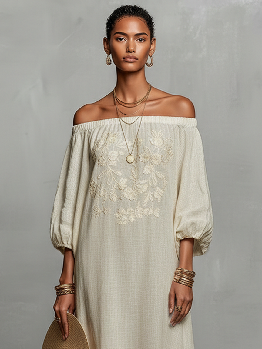 Linen Off-Shoulder Embroidered Maxi Dress with Puff Sleeves