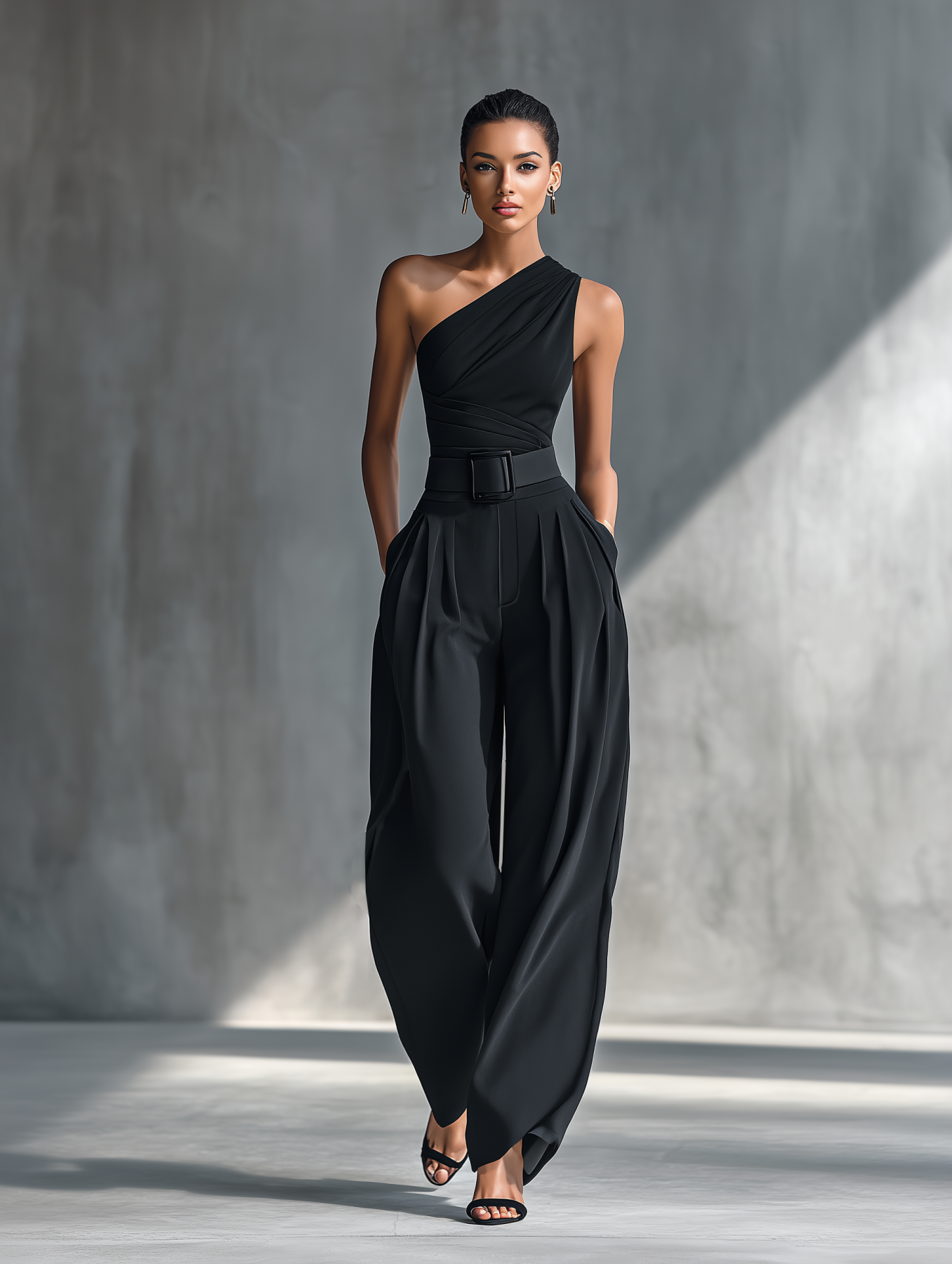 Silk One-Shoulder Wide-Leg Jumpsuit with Belted Waist and Draped Design