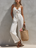 Linen White Women's Jumpsuit with Drawstring Waist and V-Neck Design for Summer Boho Style