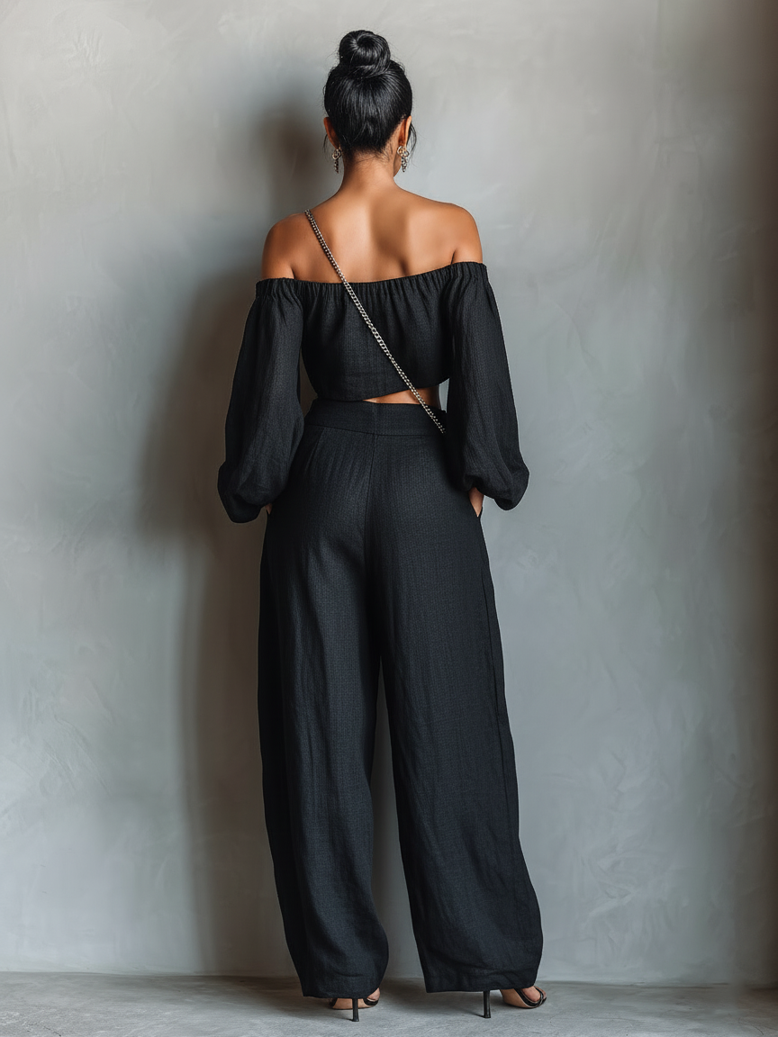 Linen Off-Shoulder Crop Top and Wide Leg Pants Set - Boho Chic Loose Fit Women's Summer Outfit