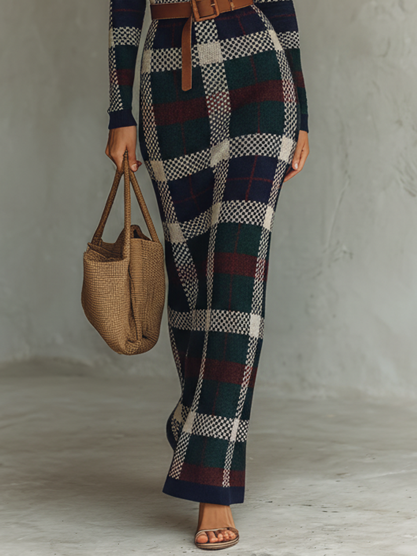 Knitted Plaid Long Sleeve Jumpsuit with Square Neck and Belted Waist for Women