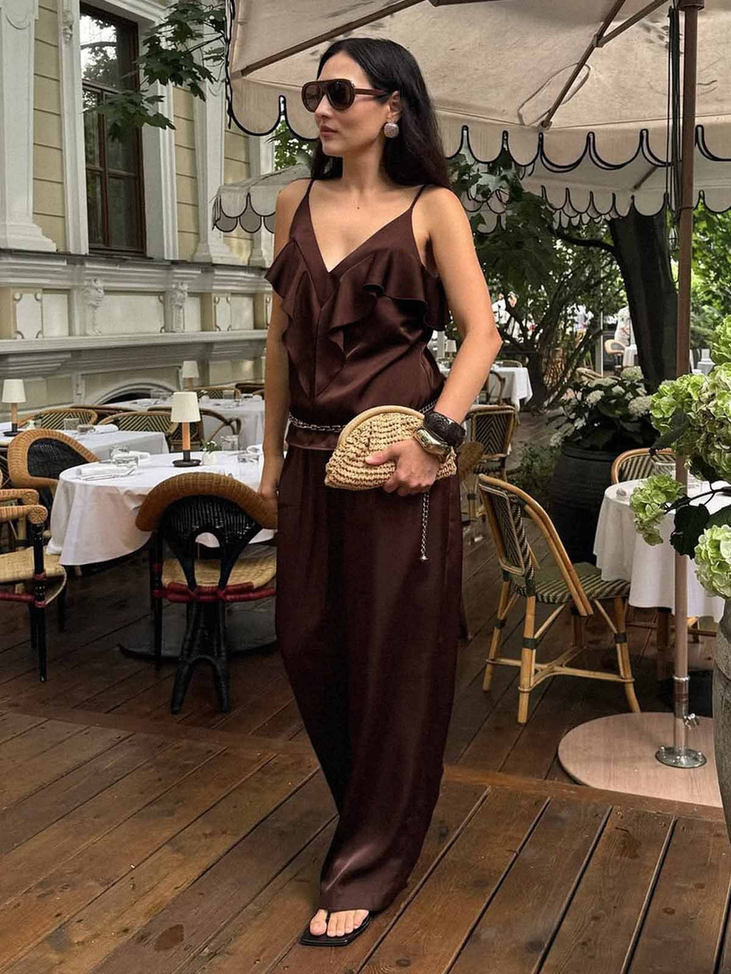 Ruffle V Neck Wide Leg Set