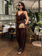 Ruffle V Neck Wide Leg Set