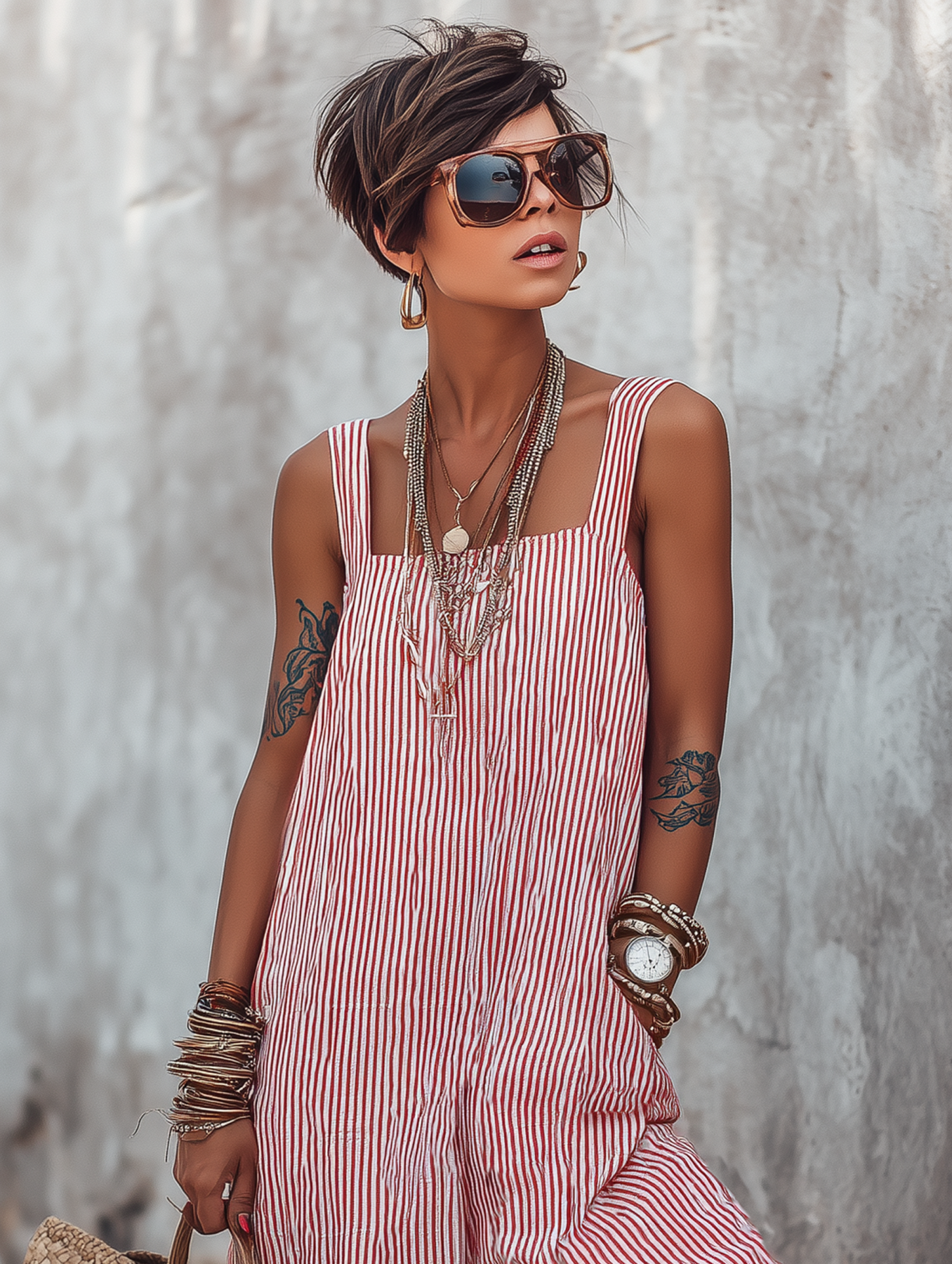 Linen Striped Boho Jumpsuit for Women Summer Loose Fit Sleeveless Wide Leg Overalls with Pocket and Cuffed Hem
