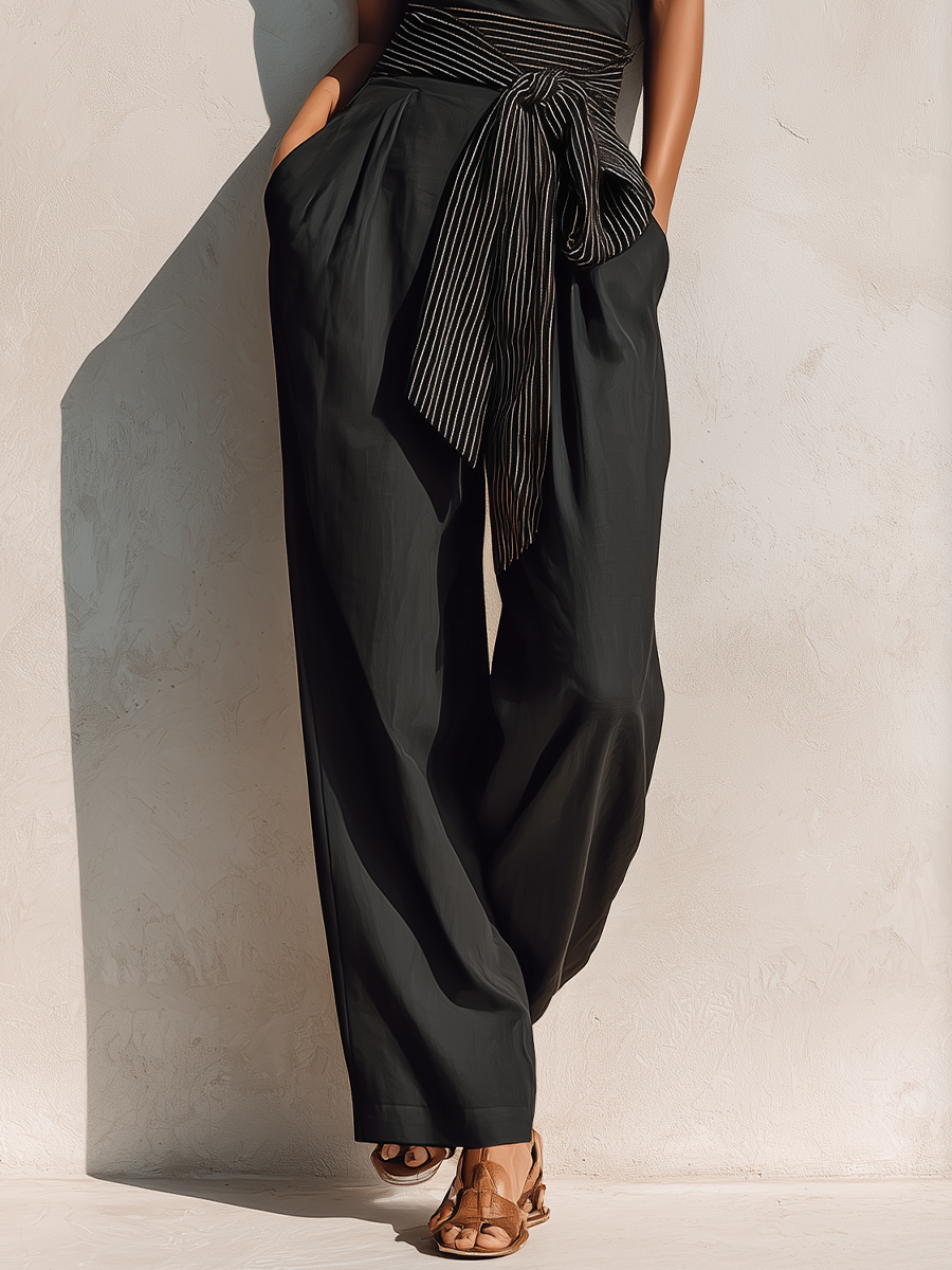Silk One-Shoulder Jumpsuit with Striped Belt Detail - Elegant Wide Leg Jumpsuit for Women