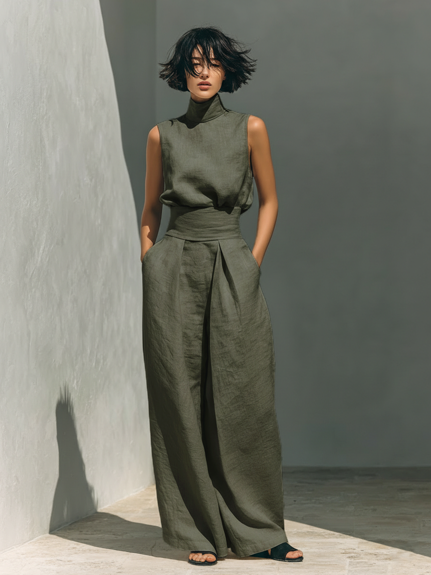Linen Sleeveless High Neck Top with Wide Leg Pants Set for Women Modern Minimalist Outfit