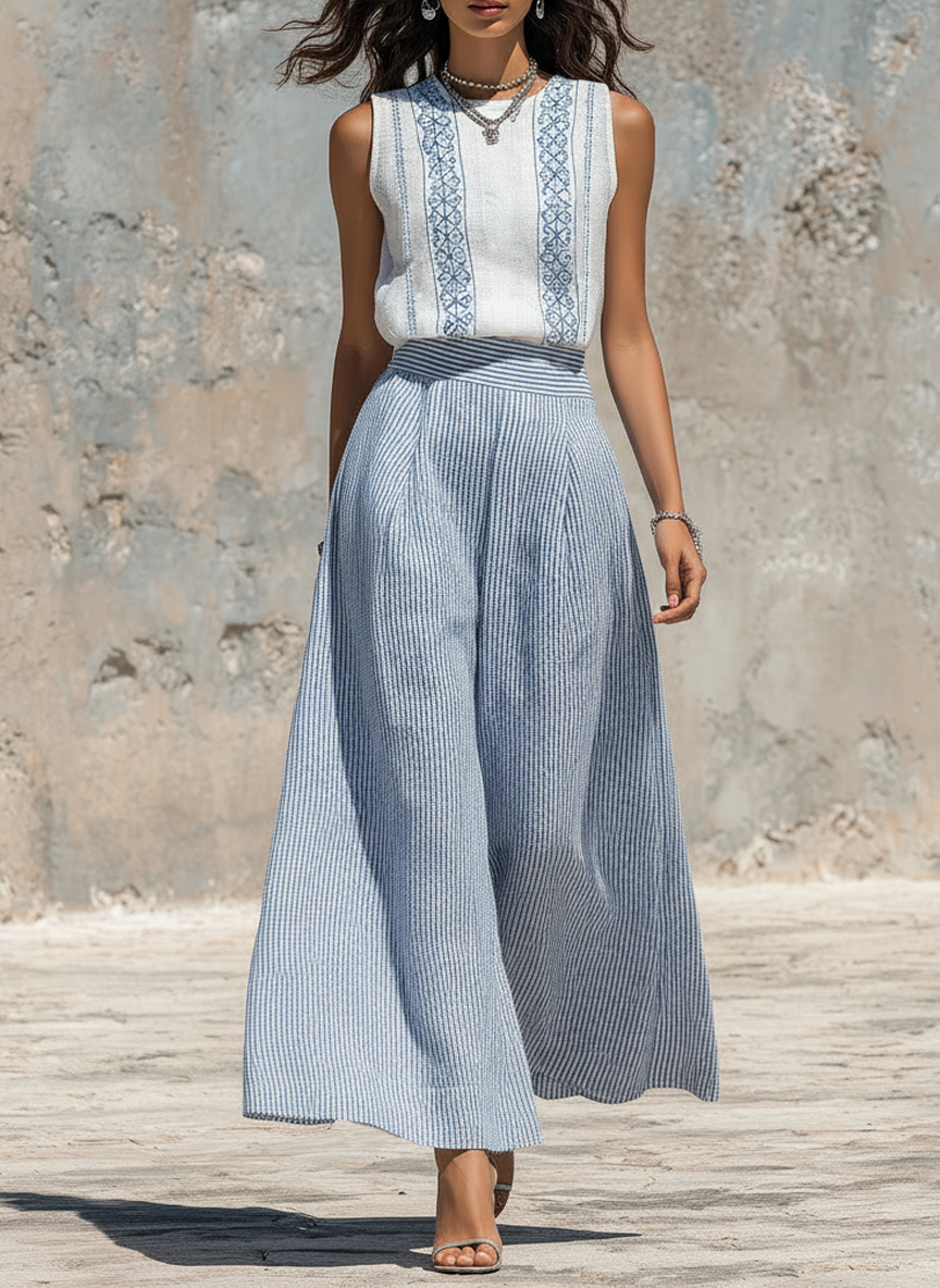 Cotton Linen Sleeveless Embroidered Top with Striped Wide Leg Pants Set for Women Summer Boho Casual Outfit