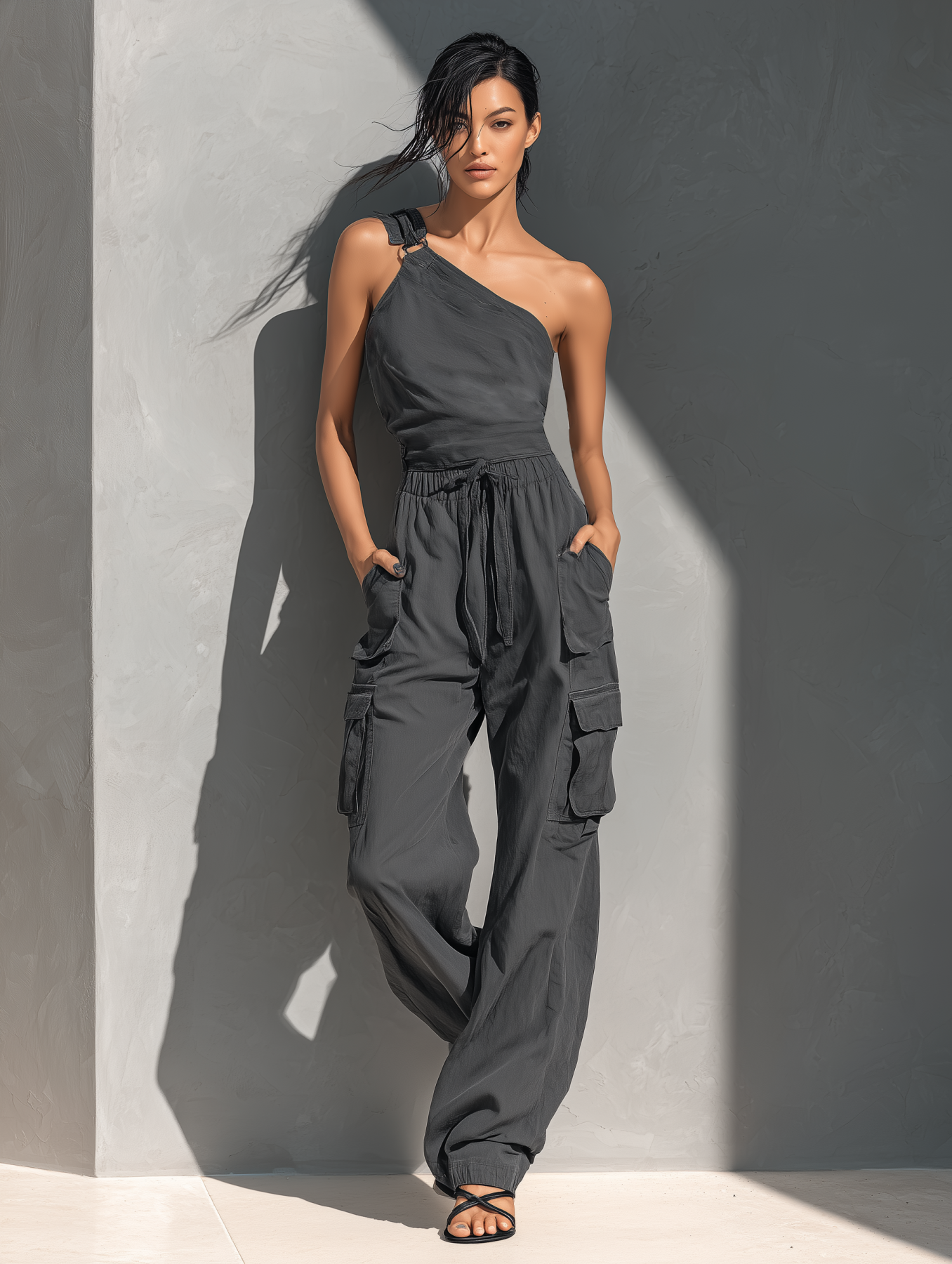 Cotton One-Shoulder Cargo Jumpsuit with Drawstring Waist and Multiple Pockets