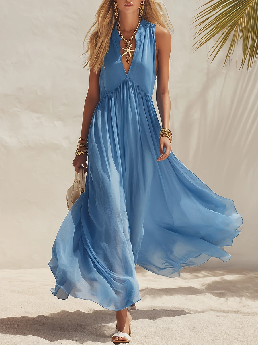 Sky Blue Chiffon Pleated Maxi Dress
