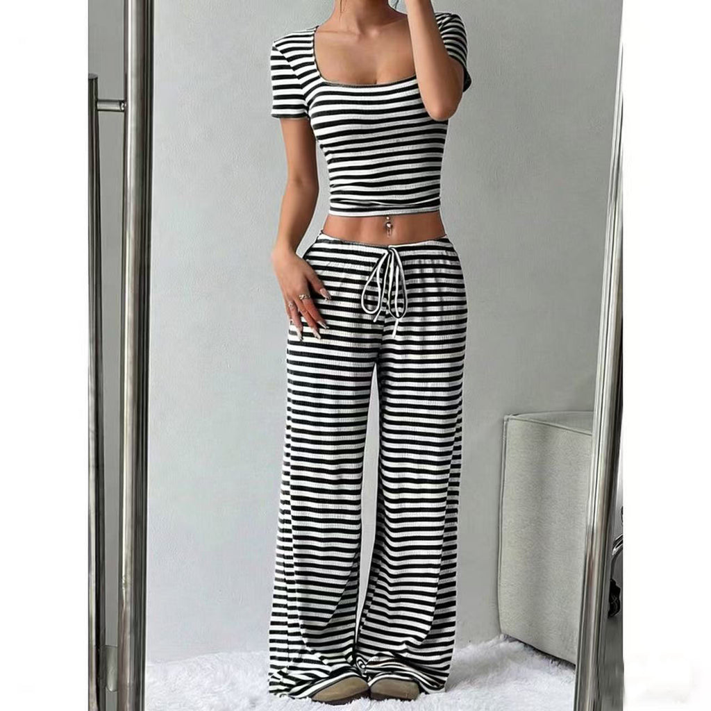 Striped Crop Top Wide Leg Pants Set