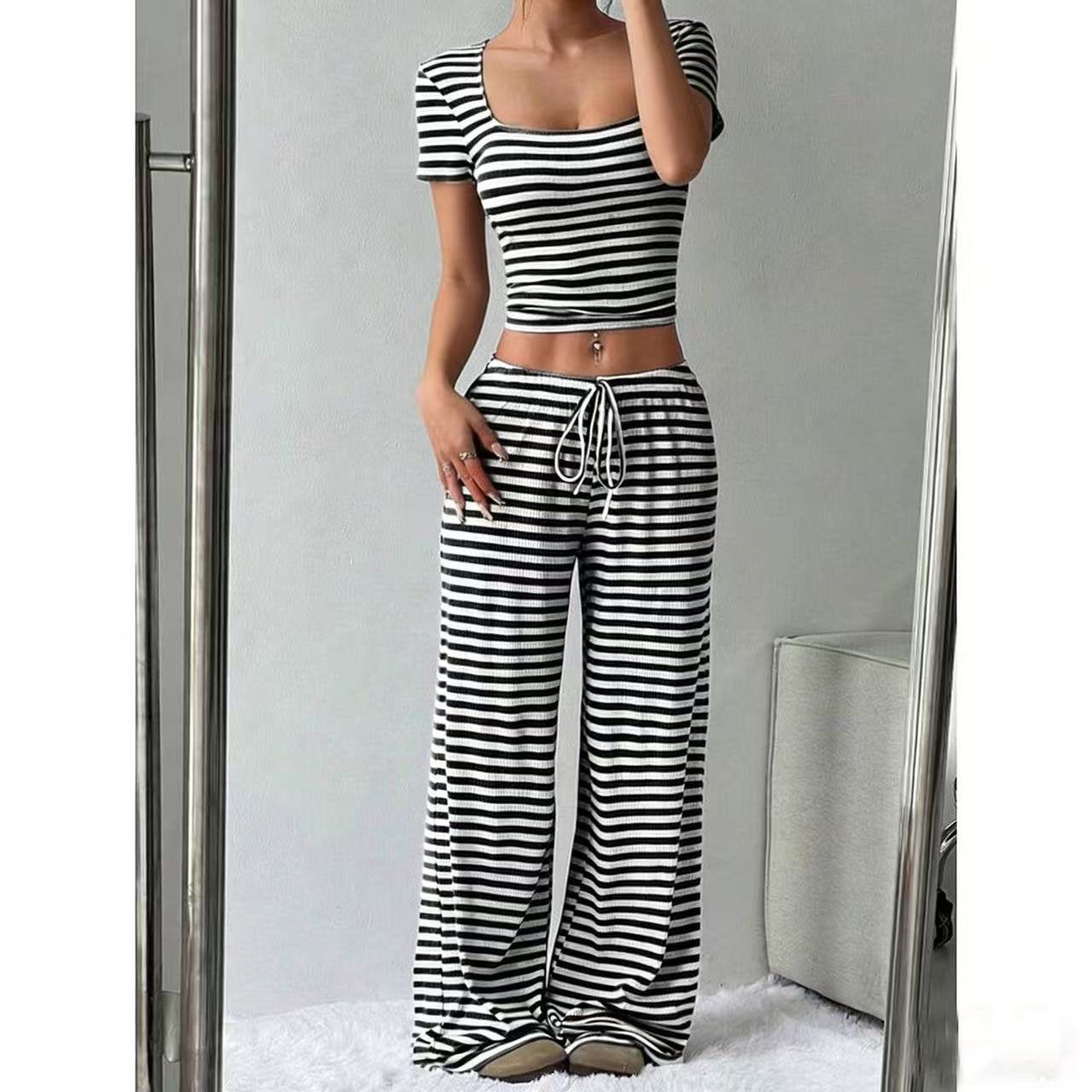 Striped Crop Top Wide Leg Pants Set
