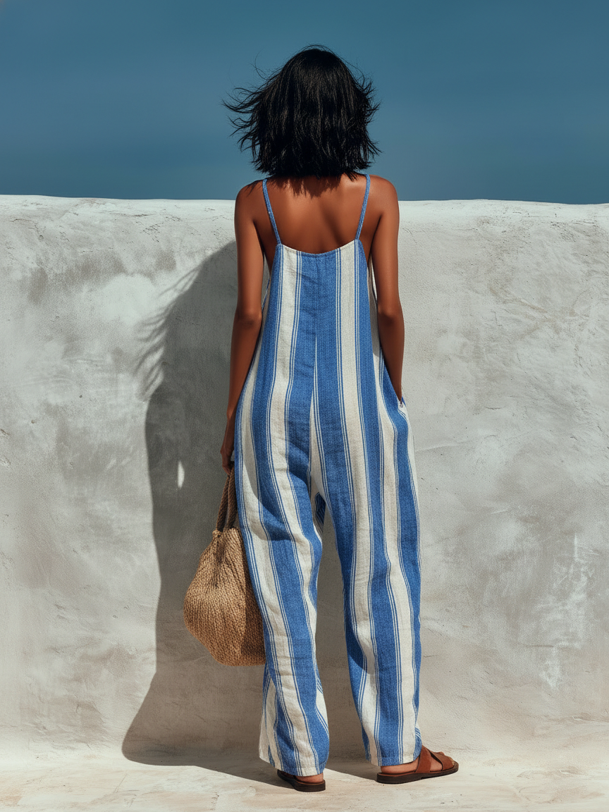 Linen Striped Maxi Dress for Women Summer Boho Beach Vacation Outfit Long Sleeveless Loose Flowy Casual Dress