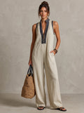 Sleeveless Embroidered V Neck Loose Wide Leg Jumpsuit