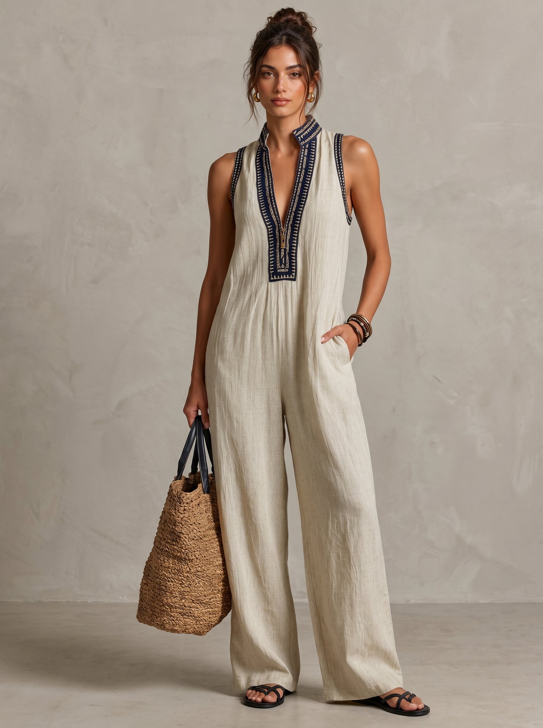 Sleeveless Embroidered V Neck Loose Wide Leg Jumpsuit