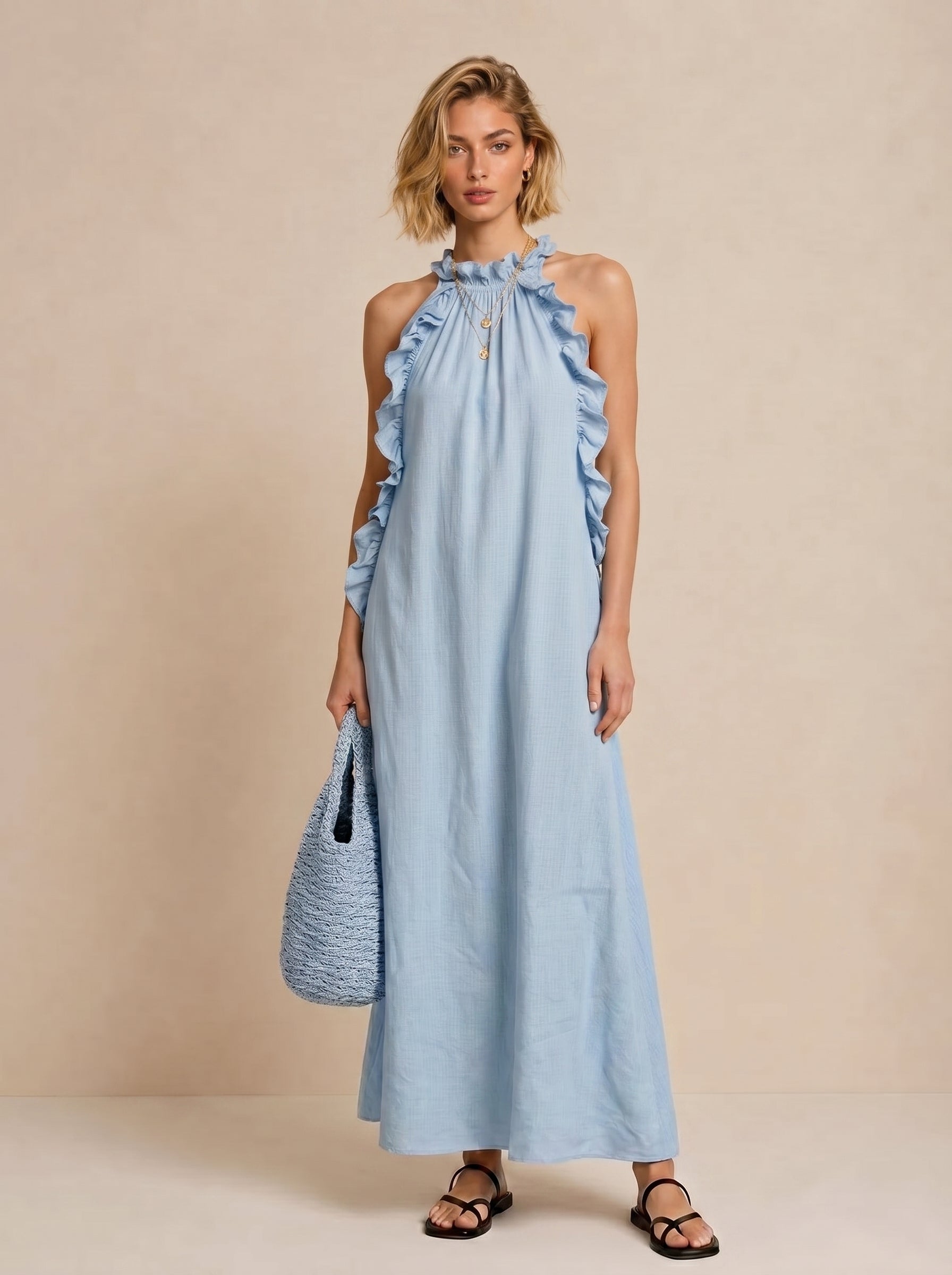 Ruffle Trim Halter Neck Sleeveless Maxi Dress