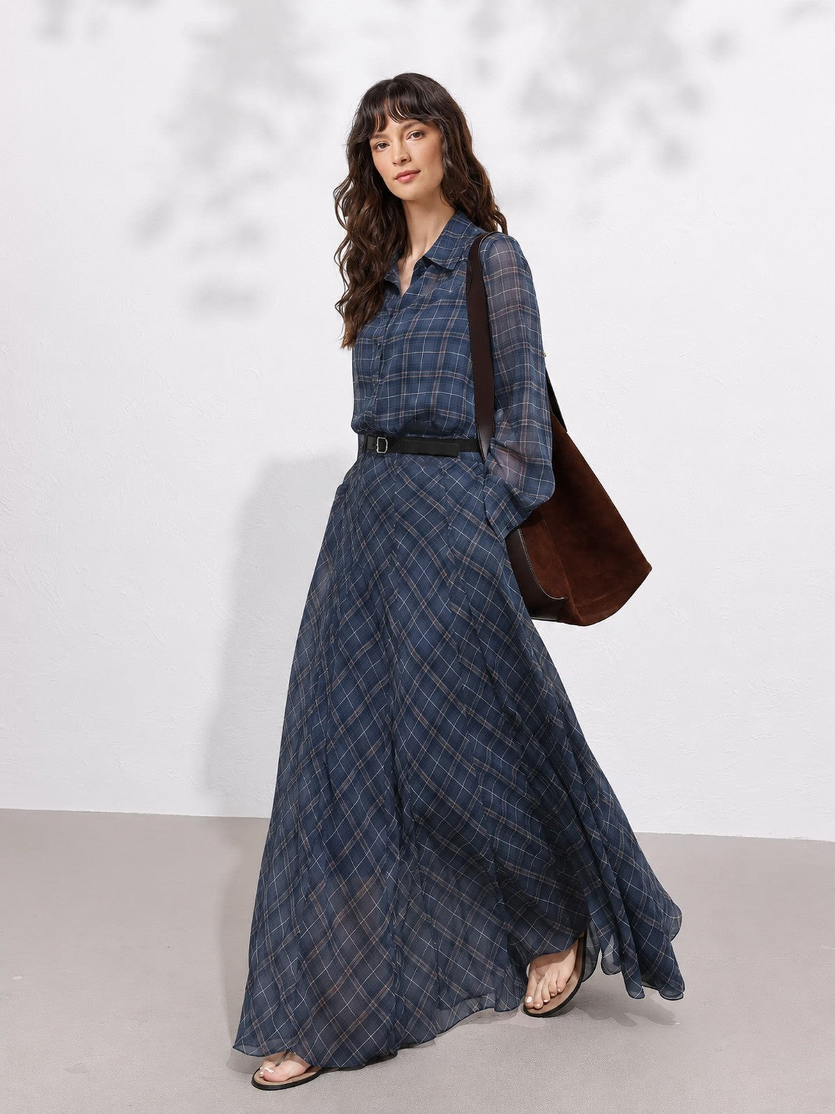 Belted Plaid Shirt Maxi Dress
