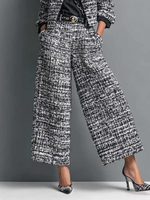 Tweed Wool Blend Wide Leg Pants & Blazer Set for Women - Stylish Office Workwear with Plaid Pattern and Belted Design