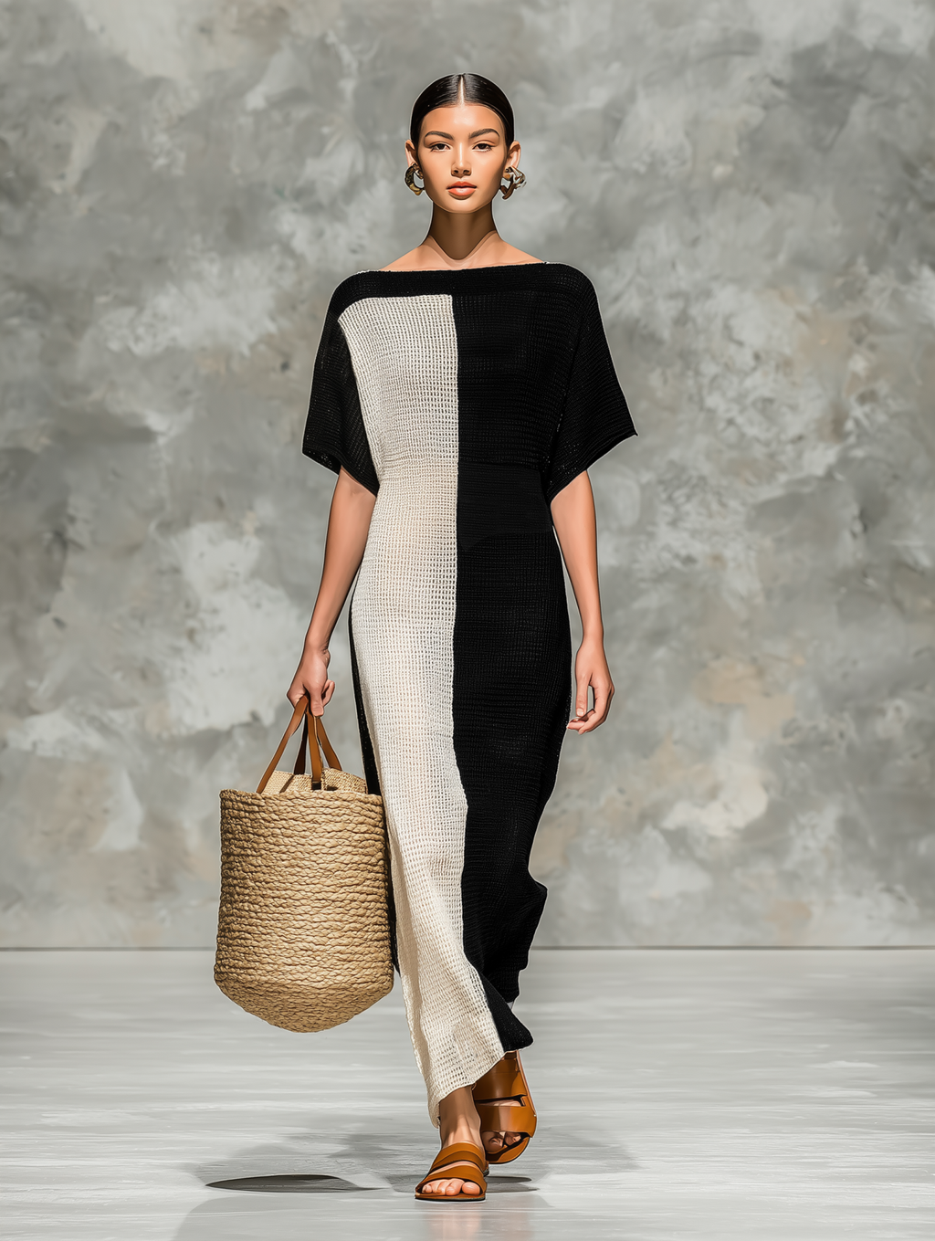 Knitted Cotton Blend Color-Block Midi Dress with Off-Shoulder Design