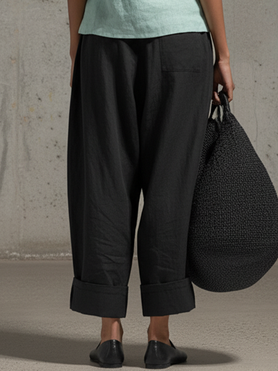 Linen Blend Wide Leg Crop Pants with Cuffed Hem and Relaxed Fit